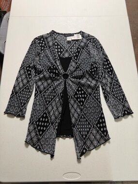 Vtg Janeric Black & White Printed Blouse Womens Small geometric Made in USA New